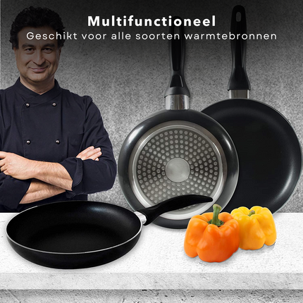 Cheqo® PRO 3-Delige Koekenpannenset - Koekenpan Set - Pannenset - Geperst Aluminium - Geschikt voor Gas, Elektrisch, Keramisch, Halogeen Koken Koekenpan