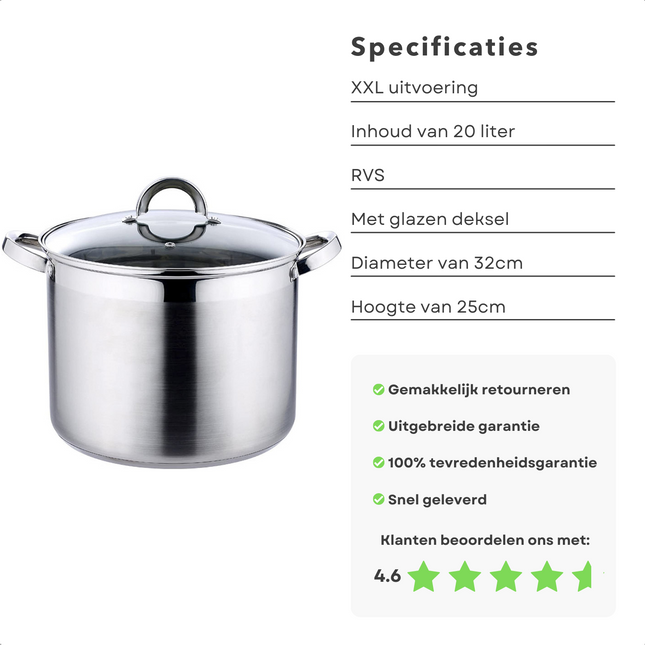 Cheqo® RVS Soeppan XXL 20L - Soep Pan - Kookpan - 32cm Diameter - 25cm Hoogte - Mat/Glanzend - Met Glazen Deksel - Alle Warmtebronnen - Inclusief Inductie Kookpan