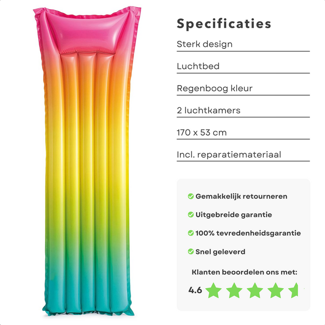 Cheqo® Luchtbed voor Zwembad - Regenboog - Opblaasfiguur - 2 Kamers - 170x53cm - Met Reparatieset Opblaasfiguren