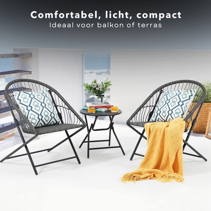 Cheqo® 3-Delige Tuinset met Bijzettafel - Metaal - Bistroset - Vouwbaar - Inklapbaar - Balkon - Tuin - 2-Persoons - Comfortabel - Lichtgewicht - Compact - Zwart - 15 kg - 62x57x78 cm - ø48x44 cm - 110 kg Draagkracht Tuinsets