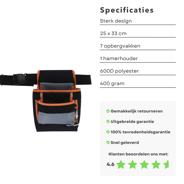 Cheqo® Gereedschapsgordel - 25x33cm - 7 Opbergvakken - 1 Hamerhouder - Polyester Gereedschapsgordels