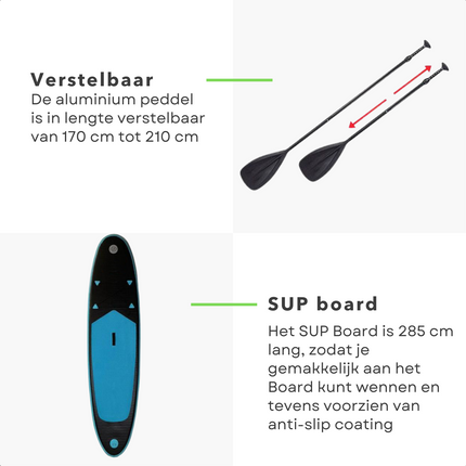 Cheqo® Complete SUP-Set - Opblaasbaar SUP Board - Stand Up Paddle Board - 285 cm - 1 Persoon - 100 kg Belasting - Anti-Slip Eva - Met Peddel, Sup-Leash, Net, Grote Handpomp, Reparatiekit, Rugtas - Dropstitch & Gelijmd PVC SUP Board