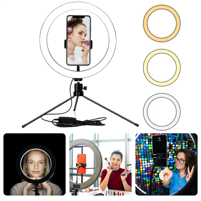 Cheqo® Selfie Light - Ringlamp met Telefoonhouder - Make-Up Lamp - TikTok Lamp - Ringlicht - 3 Kleuren - 10 Heldere Niveaus - Draaibaar & Buigbaar - Ø 26 cm, 600-1300 lm - Met USB Kabel Ringlamp