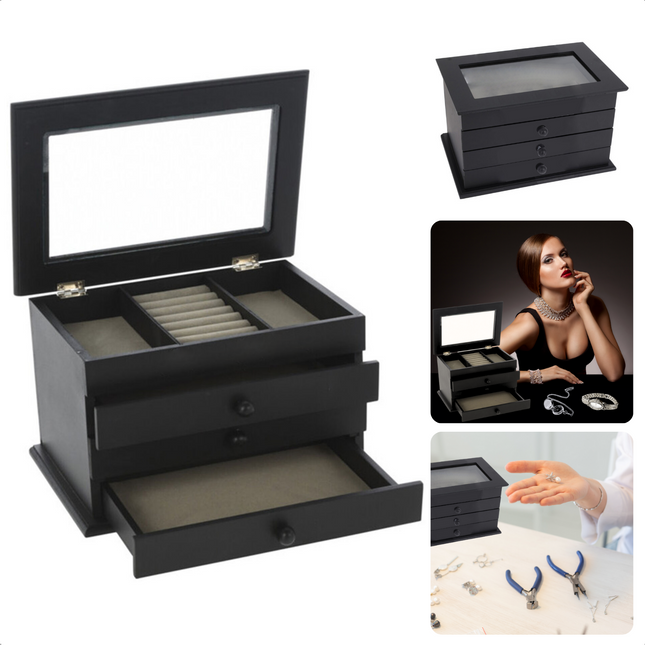 Cheqo® Luxe Sieradenbox Met Spiegel - Bijouteriedoos Opbergbox - Juwelen Opbergdoos - Juwelendoos - MDF - 3 Laden - Zwart - 17x25x15cm Sieradendoos