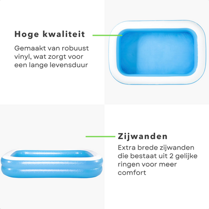 Cheqo® Grote Rechthoekige Familiebad - Zwembad - Opblaasbad - Opblaasbaar Zwembad - 262x175x51cm - 778L - Extra Brede Wanden - Stevig Getest Vinyl - Incl. Aftapplug & Reparatiepatch Opblaas Zwembad