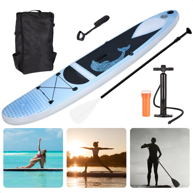 Cheqo® Complete SUP-Set - Opblaasbaar SUP Board - Stand Up Paddle Board - 305cm - Tot 150kg - Ideaal voor Beginnende & Gevorderde - Met EVA Anti-slip - Peddel 170-210cm - Polyester Rugtas - Handpomp & Leash - Reparatiekit SUP Board