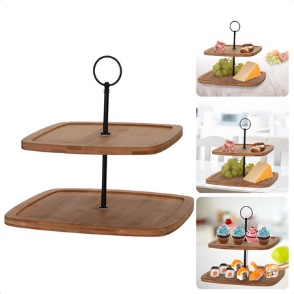 Cheqo® Bamboe Etagere - Serveerplank - Serveertoren - 2-laags - 25x25cm - Rechthoekig - H23.5cm - Multifunctioneel Opbergsysteem Etagere