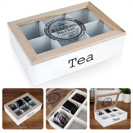 Cheqo® Houten Theekist met 6 Vakken - Theedoos - Wit - 24x16,5x7cm - Beukenhout - Stevige MDF Bodem - Geschikt voor Theezakjes Theekist