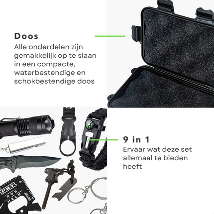 Cheqo® 9-Delige Survivalset - Survivalkit - Noodpakket - Multifunctionele Armband - Zakmes - Kaart - Zaklamp - Waterbestendig - Schokbestendig - 17x10x5cm - 515 gram Survivalset
