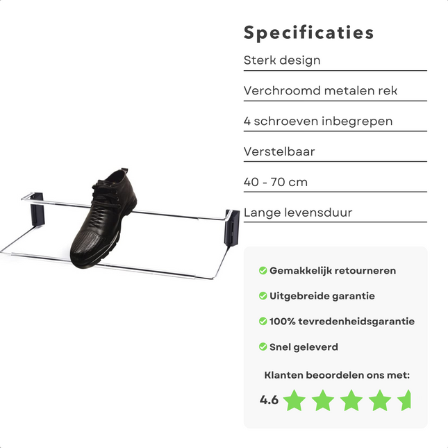 Cheqo® Verstelbaar Schoenenrek - Wandmontage - Muur Schoenenrek - 40-70cm - Opbergen & Organiseren Schoenenrek