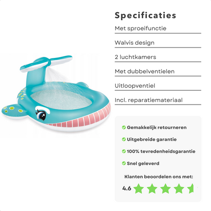 Cheqo® Opblaasbaar Zwembad - Kinderbad - Walvis - 2 Luchtkamers - Incl. Watersproeier & Reparatiemateriaal - Met Handig Uitloopventiel Opblaas Zwembad