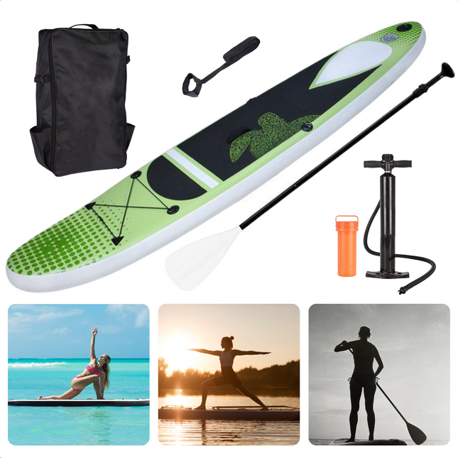 Cheqo® Complete SUP-Set - Opblaasbaar SUP Board - Stand Up Paddle Board - 305cm - Tot 150kg - EVA Grip - Aluminium Peddel - Handpomp & PSI-meter - Reparatiekit SUP Board