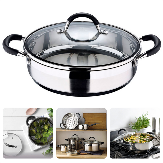Cheqo® Serveerpan - Braadpan - RVS - Ø28cm x 7cm - 3.8L - Inclusief Deksel - Siliconen Handvatten - Maataanduiding - Alle Warmtebronnen - Geschikt voor Inductie Serveerpan