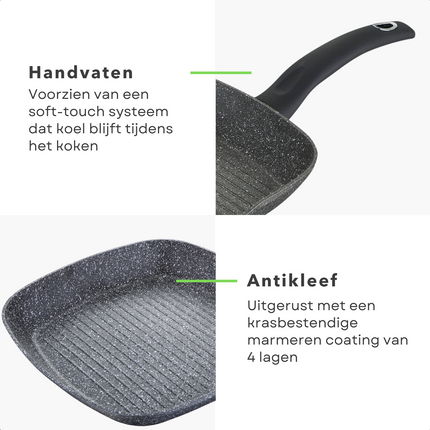 Cheqo® Grillpan Inductie - ø28cm - Alle Warmtebronnen - Steakpan - Gesmeed Aluminium - 4-laags marmer coating - PFOA-vrij - Geen lood/cadmium - Soft Touch handgreep - Vaatwasmachine bestendig Grillpan