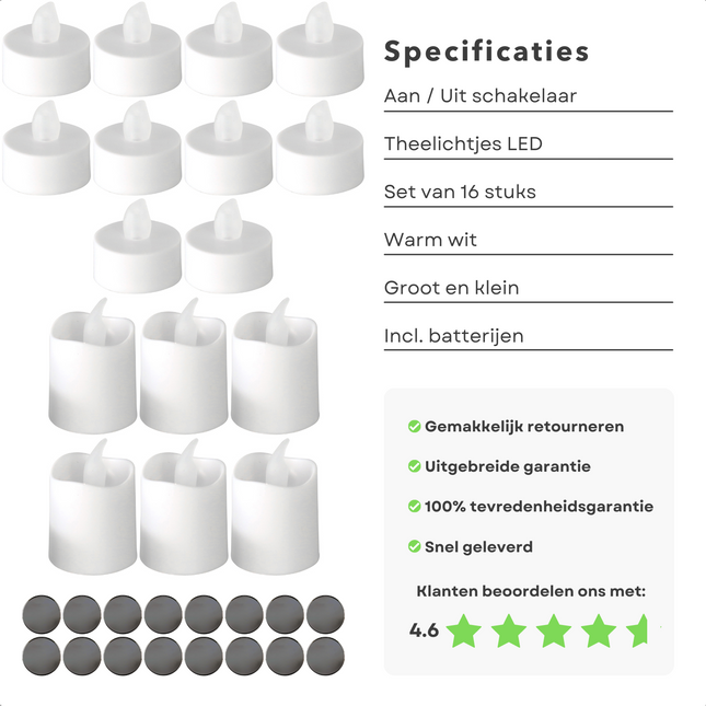 Cheqo® Theelichtjes LED - Waxinelichtjes - Realistische Kaarsen - Kaarsjes - Theelicht - Set 16 stuks - 10x Klein & 6x Groot - Warm Wit - Vlamhoogte 25mm - Aan-/Uitschakelaar - Met Batterijen Waxinelichtjes