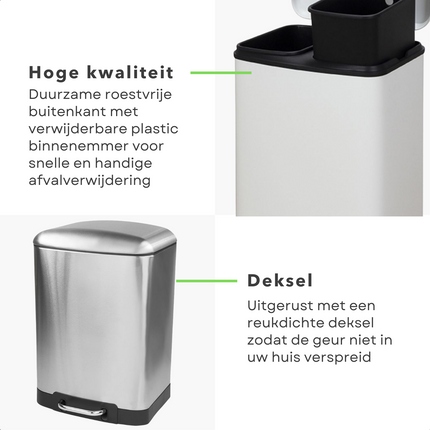 Cheqo® Prullenbak - Pedaalemmer - Afvalbak - Afvalemmer met 2 vakken - 12L + 12L - Metaal - Chroom - Soft Close - Reukdicht - Licht Bedienbaar - Fingerprint Proof - 37cm x 29,5cm x 51cm Pedaalemmer