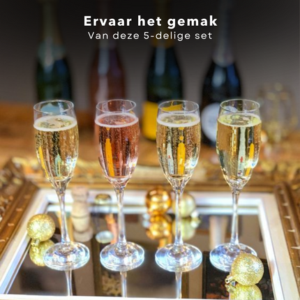 Cheqo® 5-delige Champagneset - 4 Champagneglazen (18cl) & Champagnekoeler (ø20xh21,5cm) - Champagneglas Set - Wijnkoeler - IJsemmer Champagneglazen