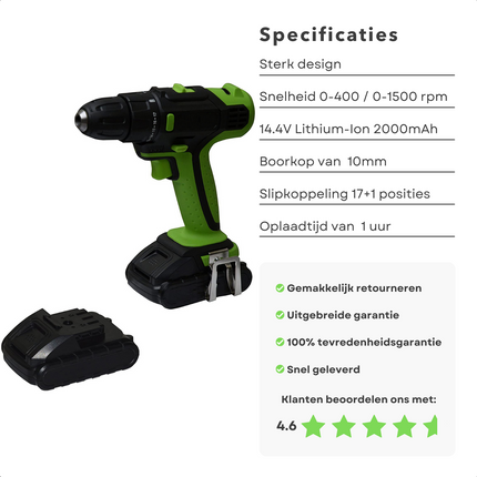 Cheqo® Accuboormachine - 14.4V - Schroefboormachine - Schroefmachine - Li-ion 2000mAh - 0-400/1500 tpm - 10mm Boorkop - 17+1 Slipkoppeling - 1 uur Oplaadtijd - 6 Bits & Bithouder - Verpakt in Kunststof Koffer Accuboormachines