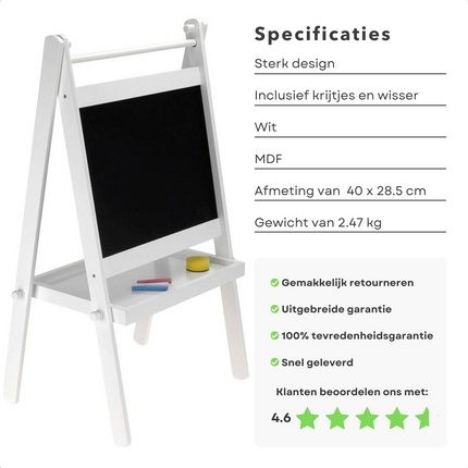 Cheqo® Tekenbord - Krijtbord - Schoolbord - Hout - Wit - Met Wisser en Krijtjes Tekenborden