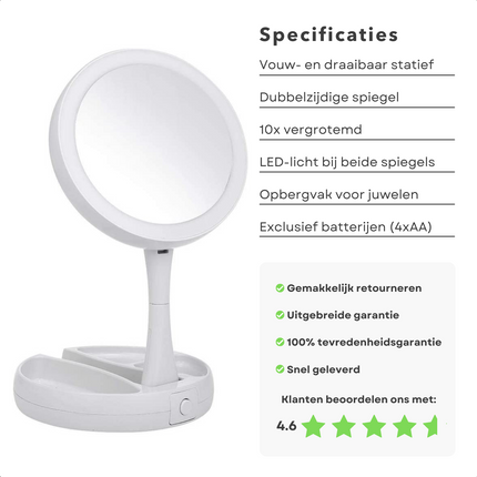 Cheqo® Dubbelzijdige Opvouwbare Spiegel - Make Up Spiegel met Verlichting - 10x Vergrotend - Met Opbergvak voor Sieraden - Op Batterijen Make-up spiegels