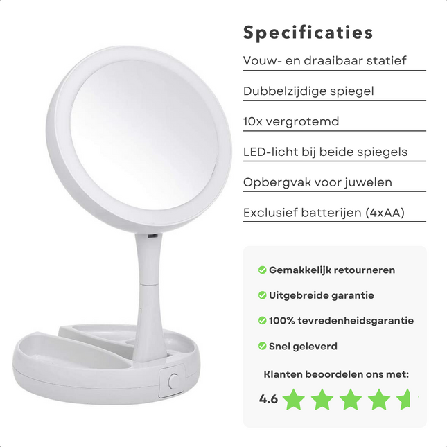 Cheqo® Dubbelzijdige Opvouwbare Spiegel - Make Up Spiegel met Verlichting - 10x Vergrotend - Met Opbergvak voor Sieraden - Op Batterijen Make-up spiegels