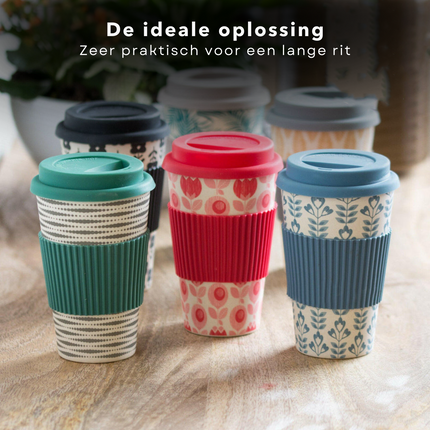 Cheqo® Bamboe Vezel Drinkbeker - 425ml - 125g - Herbruikbaar - TPR Sleeve - Siliconen Deksel - Geen Kleur of Print Kiezen - Koffiebeker - Duurzaam - Theebeker - Voor Onderweg - Vaatwasserbestendig - Compact formaat - Hittebestendig drinkbekers