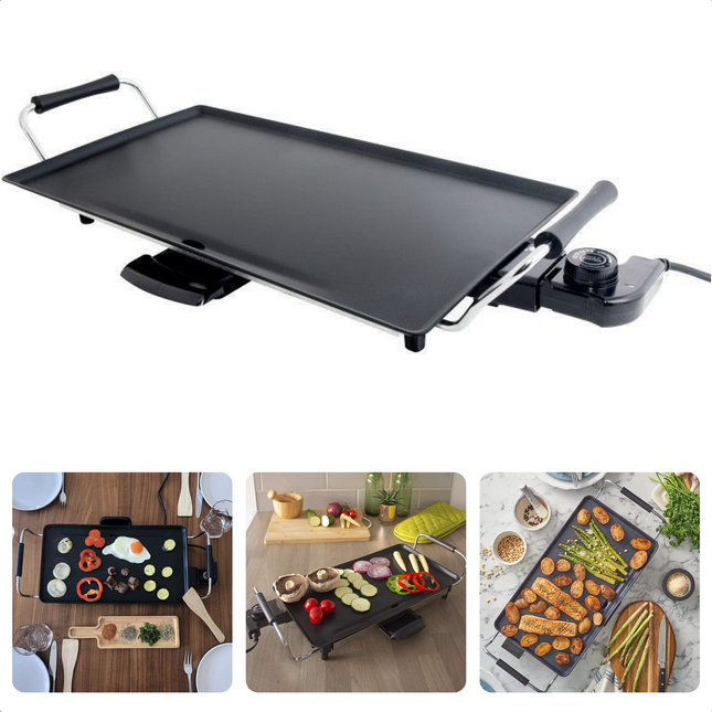 Cheqo® Tafelgrill - Grillplaat - Bakplaat - Teppan Yaki - Teppanyaki - Gourmetten - 47cm - Anti-aanbaklaag - Met Lekbak & Thermostaat - 2000W Grillplaten