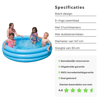 Cheqo® 3-Rings Zwembad - Opblaasbaar Zwembad - Opzetbad - Zwembad voor Kinderen - 147cm - 33cm - 3 Luchtkamers - Dubbelventielen -  Kinderbad Opblaas Zwembad