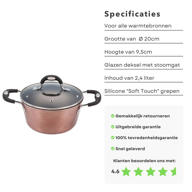 Cheqo® Kookpan voor Inductie - Ø 20cm x 9.5cm - 2.4 liter - Vervaardigd uit Gesmeed Aluminium - Krasvaste Marmer Coating - Soft Touch Handgrepen - PFOA-Vrij - Geen Lood - Geen Cadmium - Glazen Deksel - Vaatwasmachine Bestendig Kookpan