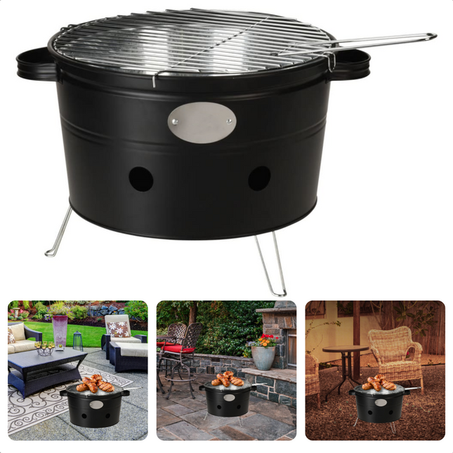 Cheqo® Draagbare Barbecue - Camping Grill - BBQ - Ø300mm-345mm, 200mm Hoog - 2 Handvaten - Mat Zwart - Voor Park, Strand, Balkon BBQ