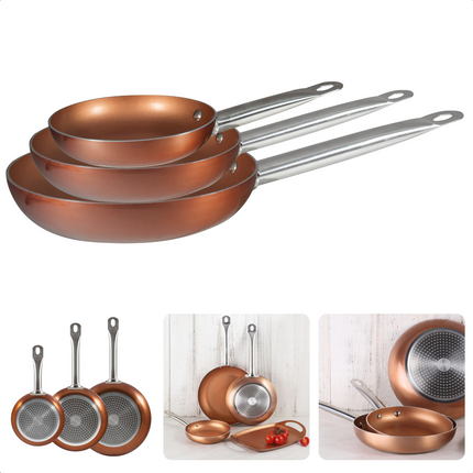 Cheqo® Koekenpannenset - Koekenpan Set - 20, 24 en 28cm - Pannenset - Bakpannen - Voor Alle Warmtebronnen - Ook voor Inductie - 3 delig Koekenpan