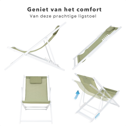 Cheqo® Ligstoel - Opvouwbare Tuinstoel - Strandstoel Opvouwbaar - Campingstoel - Wit Aluminium Frame - Groen Doek - Inklapbaar - Verstelbaar - 101x61x91cm - Gewicht 3.8kg Campingstoel