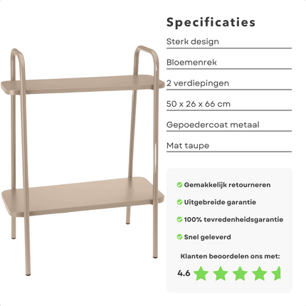 Cheqo® Metalen Bloemenrek - Plantenrek - Plantenhouder - Plantentafel - Taupe - 50x26x66cm - 2 Verdiepingen Plantenrekken