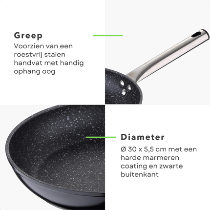 Cheqo® PRO Koekenpan - Bakpan - Ø30cm - Hoogwaardig Aluminium - RVS Handgreep - Marmeren Deklaag - PFOA-Vrij - Lood-Vrij - Alle Warmtebronnen - Ook voor Inductie Koekenpan