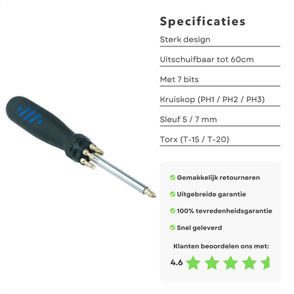 Cheqo® Telescoop Schroevendraaier met Bits - 60cm Uitschuifbaar - 7 Bits - Kruiskop PH1/PH2/PH3 - Sleuf 5/7mm - Torx T-15/T-20 - Magneethouder - Handgereedschap - Klusgereedschap - Schroevendraaiset - Multifunctioneel Schroevendraaiers