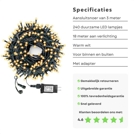 Cheqo® LED-verlichting 240 LED's - Kerstverlichting - Kerstboomverlichting - 18m - Warm Wit - IP44 - Binnen & Buiten Kerstboomverlichting