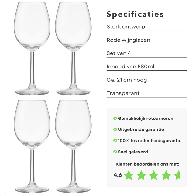 Cheqo® 4 Wijnglazen voor Rode Wijn - Wijnglas Set - Rode Wijnglazen - 580ml (58cl) - 21cm - Transparant - Vaatwasbestendig Rode Wijnglazen