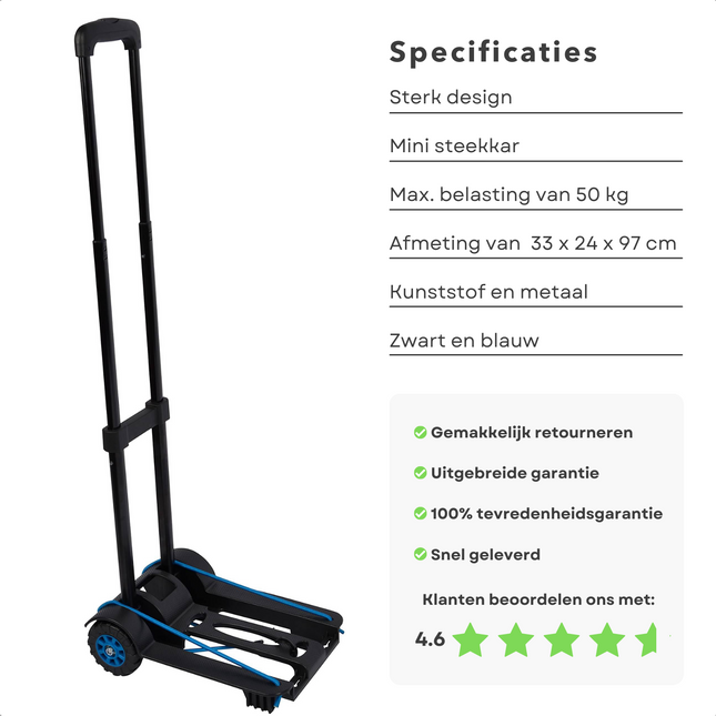 Cheqo® Mini Transport Trolley - Steekkar - Inklapbaar - Steekwagen - 50kg Max. Draagvermogen - In hoogte Verstelbaar - 97cm Max. Hoogte Steekwagen