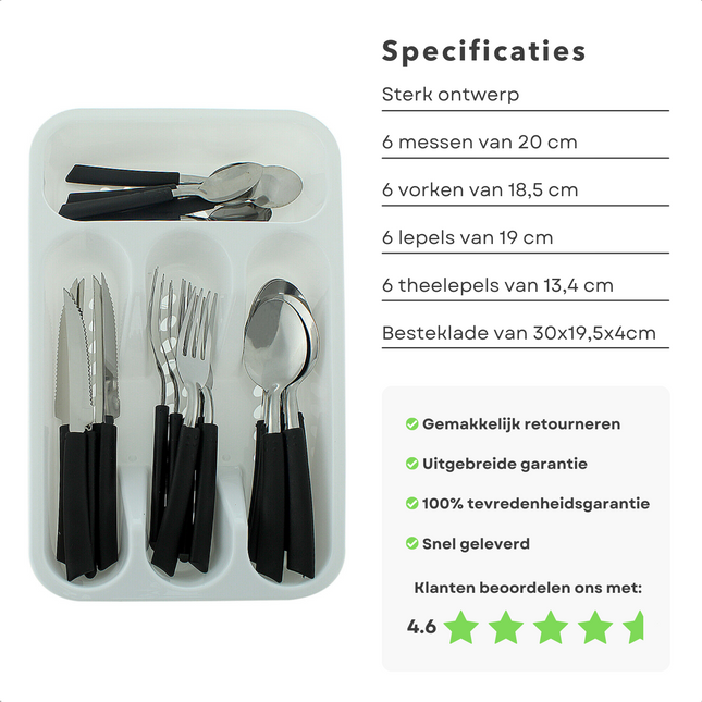 Cheqo® Bestekset met Bestekbak - Besteklade - 6 Messen, 6 Vorken, 6 Lepels, 6 Theelepels & 1 Bestekbak - Perfect voor Camping - Kampeer Bestek Bestekset