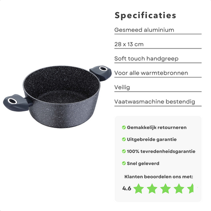 Cheqo® Braadpan Inductie - Casserolepan - Voor Alle Warmtebronnen - ø28cm - Gesmeed Aluminium - 4-laags Marmer Coating - Soft Touch handgrepen - PFOA-vrij - Vaatwasmachine bestendig Braadpan