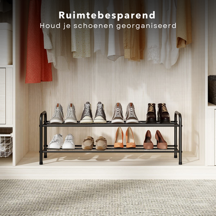 Cheqo® Schoenenrek - Metaal - 2 Laags - 91cm - Schoenenkast - Opbergrek Schoenen - Zwart Schoenenrek