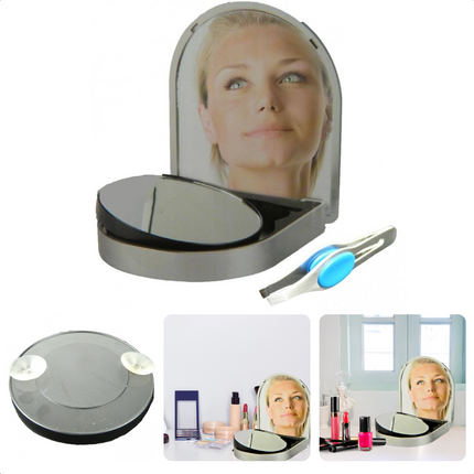 Cheqo® Reisetui met Spiegel & Pincet - Make Up Spiegel - Handige Set voor in de Tas op Reis - 5x Vergrotende Spiegel met Zuignap (8,5cm) en Pincet (8cm) Make-up spiegels