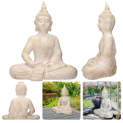 Cheqo® Boeddha Zittend Tuinbeeld - 50x28x62.5cm - 4800g - MgO - Crème - Antieke Afwerking - Boeddhabeeld Boeddhabeelden
