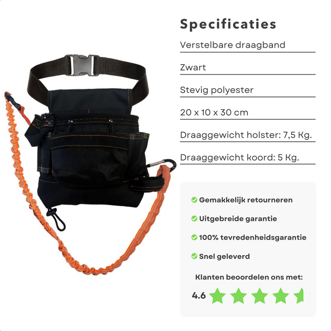 Cheqo® Gereedschapsgordel met Elastische Veiligheidslijn - Gereedschapsriem - 20x10x30cm - Met Hoofdvak, 2 Insteekvakken, 3 Voorzijde Vakken, Spijkervak, Elastisch Koord Gereedschapsgordels