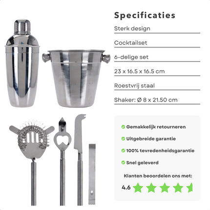 Cheqo® 6-delige Cocktail Set - Cocktail Shaker Set - RVS - Shaker, Ijsemmer, Strainer/Zeef, Opener, Mes & Ijstang - Shakerset - Cocktails Maken Cocktailset