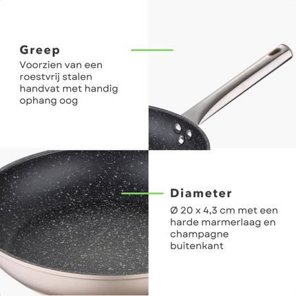Cheqo® Koekenpan - Bakpan - Ø20 cm - Champagne -  Harde Marmeren Deklaag - RVS Handgreep - PFOA-Vrij - Gesmeed Aluminium - Alle Warmtebronnen - Ook voor Inductie Koekenpan
