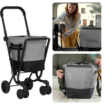 Cheqo® Boodschappentrolley 40L - Boodschappenwagen - Afneembare Boodschappentas - Verstelbaar - Stevig Frame - Met Achtervak, Reflectoren en Regenhoes - 36x47x102cm - Grijs Boodschappentrolleys