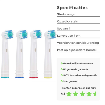 Cheqo® - 4 Stuks Opzetborstels voor Elektrische Tandenborstel - Geschikt voor de Meeste Elektrische Tandenborstels - Eigen Kleurring aan de Onderkant - Lengte 7 cm Opzetborstel Tandenborstel