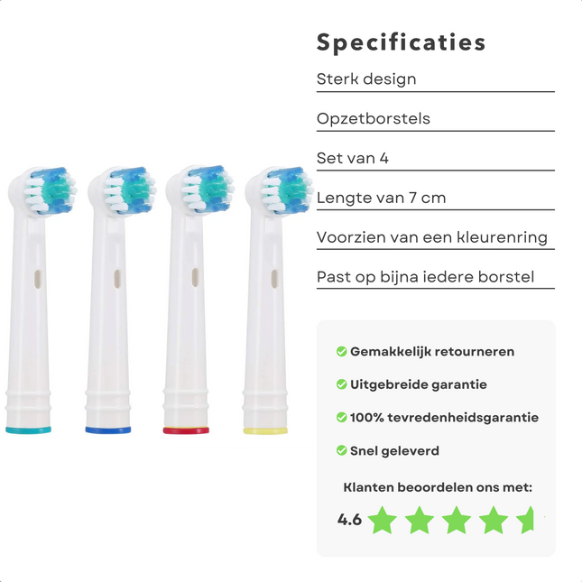 Cheqo® - 4 Stuks Opzetborstels voor Elektrische Tandenborstel - Geschikt voor de Meeste Elektrische Tandenborstels - Eigen Kleurring aan de Onderkant - Lengte 7 cm Opzetborstel Tandenborstel
