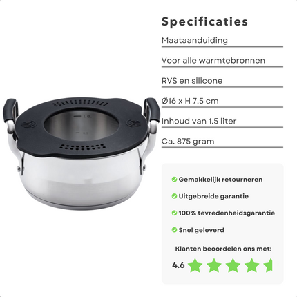 Cheqo® Kookpan met Siliconen Deksel - Ø 16 x H 7,5 cm - 1,5 liter - Dubbel afgietsysteem - Voor Alle Warmtebronnen - Inductie - Stay Cool Handvatten - Gelijkmatige Warmteverdeling - RVS - Lange Levensduur - Vaatwasserbestendig Kookpannen
